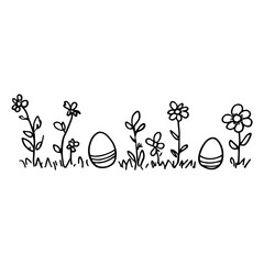 Wall Mural - imple easter scene with eggs and flowers, monochrome line art drawing