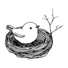 Wall Mural - Vintage style easter nest with a bird, monochrome nature illustration