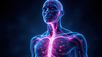 Wall Mural - Vagus Nerve Stimulation Illustration with Human Body Blueprint