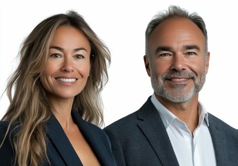 Wall Mural - Duo business partnerships man and woman standing together in front of plain white background, pose confidently, symbolizing power of partnership and mutual respect.