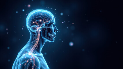 Wall Mural - Vagus Nerve Stimulation – a close-up illustration of human head and neck with highlighted nerve system against glowing blue cosmic background, symbolizing the impact of technology on health.