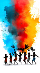 A vibrant silhouette of dancers in colorful attire, set against a backdrop of swirling blue and orange hues, depicting a celebration or cultural event.