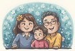 © ILIUSIA - Illustration of a happy family with a mother father and child framed by a floral background celebrating family love and togetherness