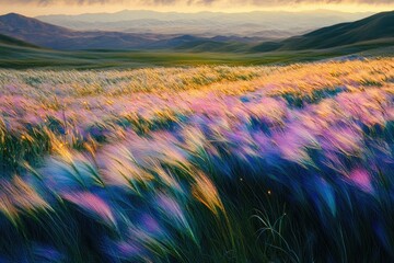 Wall Mural - vibrant sunset illuminates a field of swaying grass, creating a dreamy, colorful landscape.