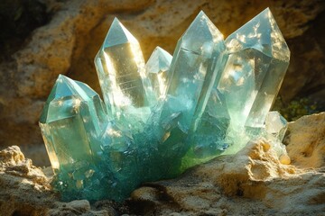 Leinwandbilder - A cluster of luminous teal crystals, radiant with sunlight, rests on a sandy surface.