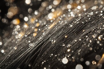 Dew drops on a spiderweb, glistening with golden bokeh, a mesmerizing macro shot.