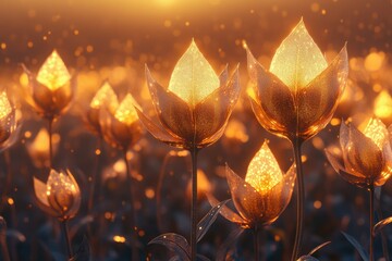 Aufkleber - Glowing golden flowers illuminated by sunset, creating a magical, ethereal field.