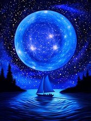 Wall Mural - celestial voyage - sailboat on a tranquil ocean under a giant blue moon and starry night sky. serene
