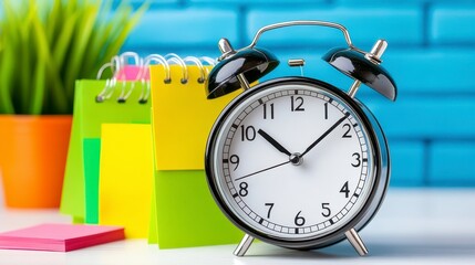 Vintage Alarm Clock on Desk with Colorful Sticky Notes and Plant