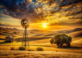 Canvas Print - Surreal California Farmland: Golden Grass, Rolling Hills, & Windmill at Sunset