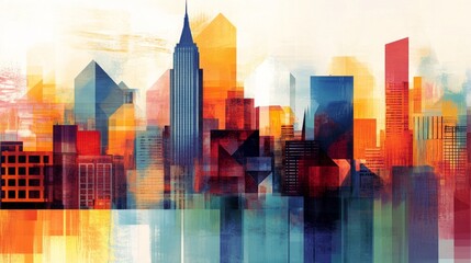 Poster - An artistic representation of a city skyline in a modern graphic style, featuring bold lines and geometric shapes against a bright background, capturing urban creativity.
