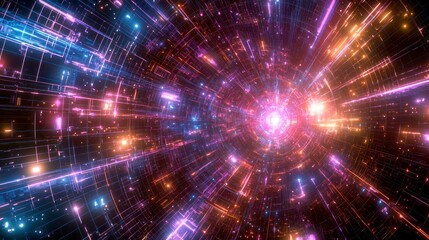 Wall Mural - neon cyberpunk tunnel: abstract digital art, futuristic network, data flow, vibrant colors, bright s