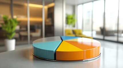 Leinwandbilder - A D-rendered pie chart representing annual profit margins, with bold colors and labels, placed in a modern office setting to reflect a corporate atmosphere.