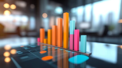 Leinwandbilder - A D bar graph showcasing business profits, with bold, stacked bars representing various revenue streams, set on a reflective surface in a modern office setting.