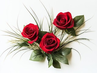 Wall Mural - Three red roses with green leaves, grass accents, on a white surface, for romantic use