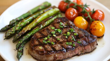 Wall Mural - A beautifully plated steak with colorful sides, including roasted asparagus and cherry tomatoes, presented on a white dish that enhances the dishs vibrant colors.