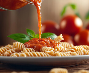 Wall Mural - plate of whole-wheat fusilli pasta in the foreground with a rich tomato sauce pouring gently from above,