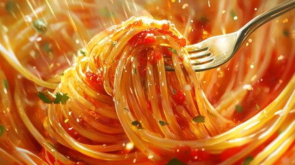 Canvas Print - A close-up of a fork twirling spaghetti noodles, with a vibrant tomato sauce and herbs, showcasing the delicious texture and inviting colors of the dish.