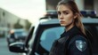 © AlfaSmart - Serious female caucasian young police officer standing near patrol car