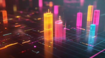 Aufkleber - A colorful D bar graph rising on a grid background, with glowing bars representing data growth, and labels indicating different statistics.
