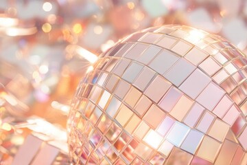 Wall Mural - close-up of disco ball texture with reflective tiles scattering rainbow light on white background