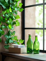 Wall Mural - Green Bottles and Greenery by Window - Two green glass bottles sit on a wooden shelf, next to a beige box and lush green ivy.Sunlight streams in from a nearby window