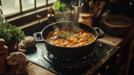 Wall Mural - A cozy kitchen scene featuring a bubbling stew in a cast-iron pot on the stove, with aromatic herbs and spices arranged nearby, evoking warmth and comfort.