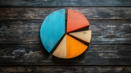 Leinwandbilder - A creative pie chart with textured segments showing sales data, each slice representing a different product line, set against a rustic wooden table background.