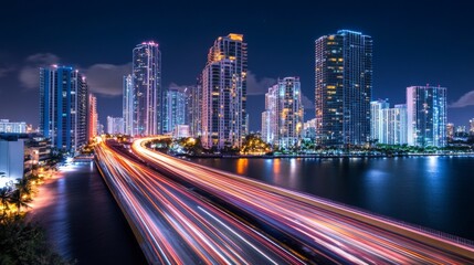 Poster - A dramatic nighttime view of a long exposure shot of an expressway, with bright lights creating trails from moving cars, emphasizing the energy and activity of the city.