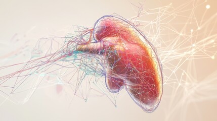 Poster - A medical illustration of the human liver, highlighting its position in the body and connections to surrounding organs, with a clean and simple background.