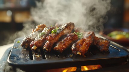 Wall Mural - A sizzling skillet of fried pork ribs being served directly from the pan, with steam rising and a vibrant kitchen backdrop, highlighting the delicious preparation process.