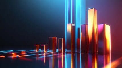 Fototapete - A sleek, futuristic D bar graph with metallic bars rising from a reflective surface, set against a dark gradient background, highlighting business growth.