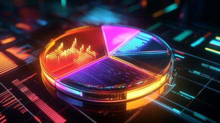 Aufkleber - A vibrant D pie chart with glass-like translucent sections, illuminated from below, each segment labeled with financial data in a futuristic setting.