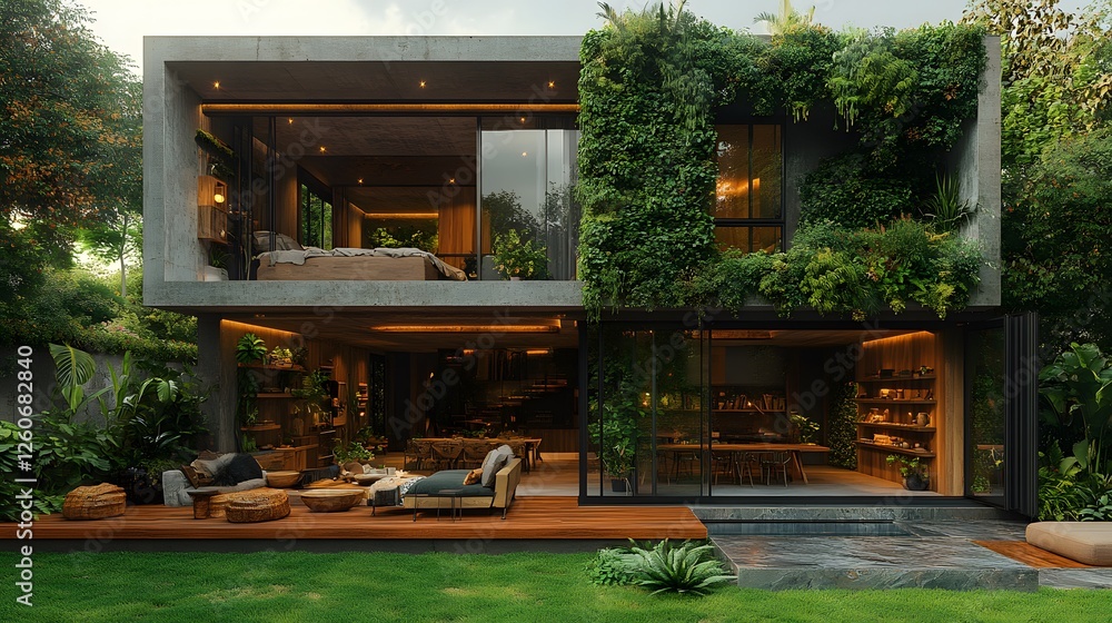 Luxury home interior with seamless indoor-outdoor connection, greenery ...