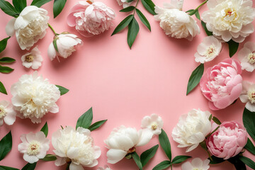 Poster - Beautiful arrangement of pink and white peony flowers surrounds a blank space, perfect for adding personalized text for celebrations like Mother's Day, birthdays,March 8,Easter or weddings.