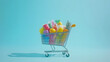 © mwisnu - A shopping cart filled with colorful grocery items against a blue background.