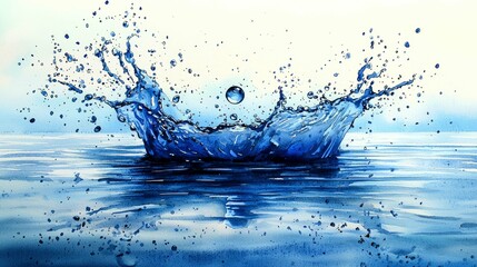 Wall Mural - stunning watercolor painting of a water splash: dynamic blue hues and tranquil reflections