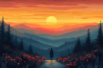 Wall Mural - Silhouette of a Lone Figure Admiring the Vibrant Sunset Over Rolling Hills and Mountain Ranges in a Picturesque Landscape with Lush Trees and Flowers