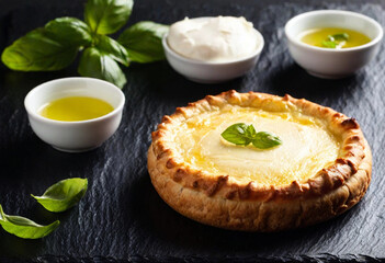 Wall Mural - An artisan-style Danubio Salato pie sitting on a black slate board against a dark black background. The pie is cut open to display its fluffy bread, melted mozzarella, and layers of ham. Around it are