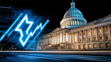 Wall Mural - Night shot of a government building, with a stylized, glowing blue graphic overlay representing data or technology, set against a blurred cityscape