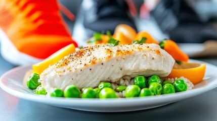 Sticker - Close up of a plate of cooked fish, rice, and vegetables. A white plate holds a piece of light colored fish, seasoned with white specks, over a bed