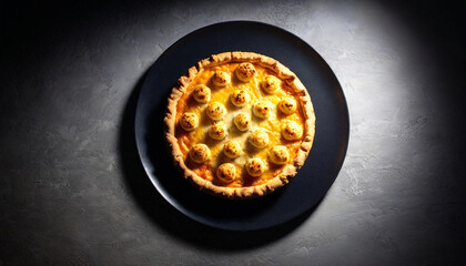 Wall Mural - A top-down view of a Danubio Salato savory pie arranged on a black ceramic platter. The golden dough balls form a symmetrical circle, and a few balls are split open to reveal their ham and mozzarella 