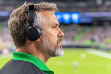 A sports analyst presenting player performance statistics on a big LED display during a game