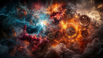 Poster - Clockwork mechanisms intertwined with cosmic patterns galaxy digital art space abstract visualization