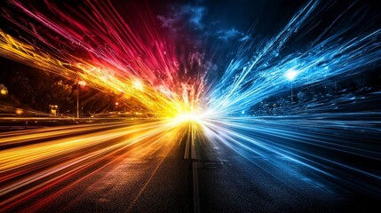 Poster - Pulsating light trails and music beats aesthetic urban nightscape in vibrant digital art perspective