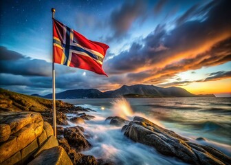 Wall Mural - Vestland Norway Flag Long Exposure Night Photography - Dramatic Sky and Waves