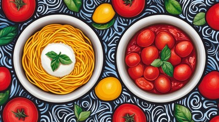 Two bowls of pasta dishes, one with creamy tomato sauce and the other with a creamy white sauce, served on a patterned dark blue background with a