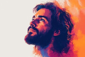 Wall Mural - Artistic Digital Portrait of a Bearded Man Contemplatively Gazing Upward with Vibrant Orange and Blue Autumn Inspired Brushstroke Background