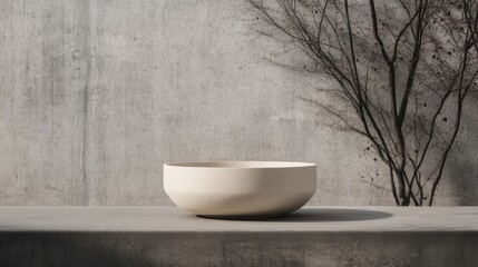 Wall Mural - Beige bowl on concrete, branches background, minimalist product display