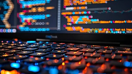 A close-up shot of a backlit keyboard with orange and blue lights, while lines of code are displayed on the screen behind it.
